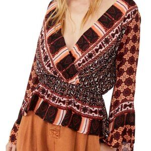 FREE PEOPLE Rosalie Wrap Top Bell Sleeves Cinched Waist Printed Blouse Large